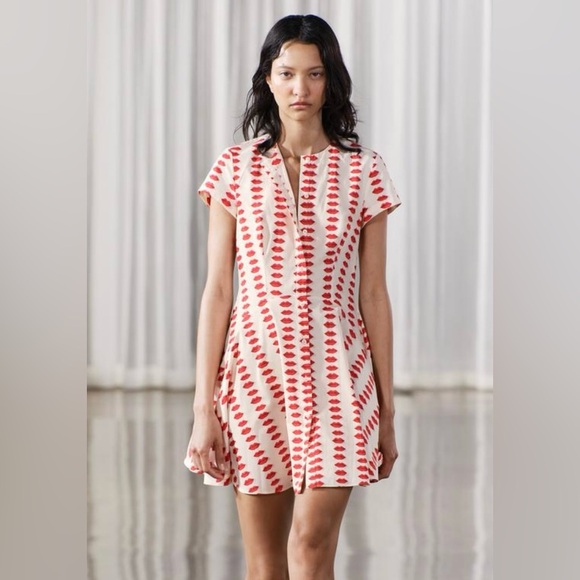 Zara Dresses & Skirts - NWT Zara Lips Print Skater Button Front Mini Dress Cream Red Size Medium